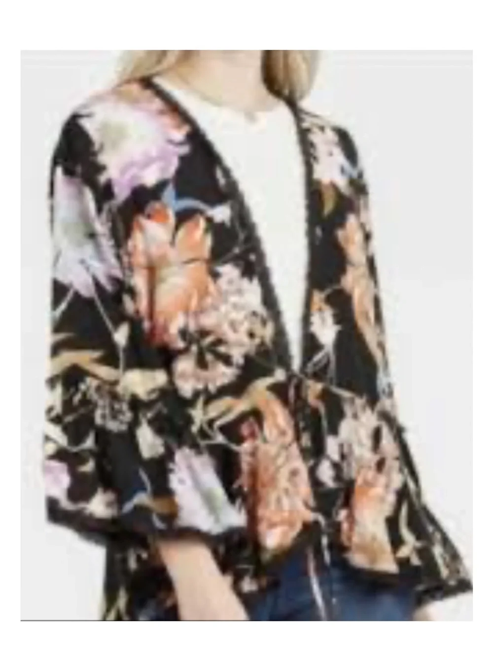 Knox Rose Open Kimono Cardigan Cover Up Sz XL Black Floral Boho 3/4 Bell Sleeve